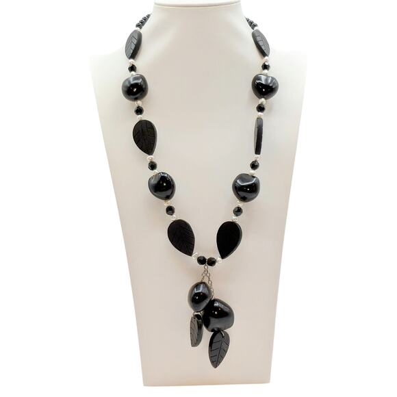 925 Sterling Pearl Black Carved Wood Leaf Tagua Nut Dangle Tassel Necklace - Picture 1 of 7